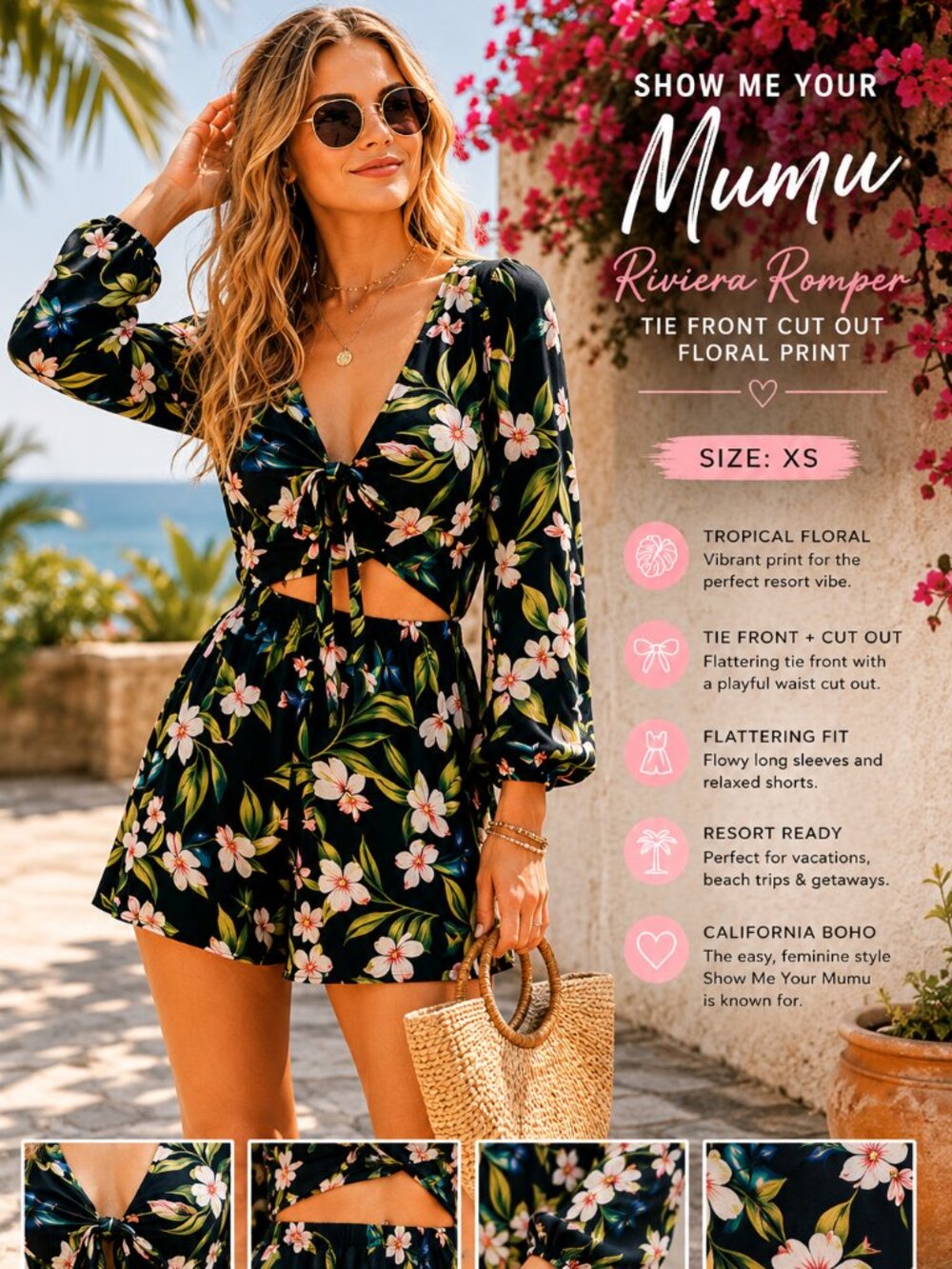 Show Me Your Mumu Charleston Black Tropical Tie Front Long Sleeve Romper